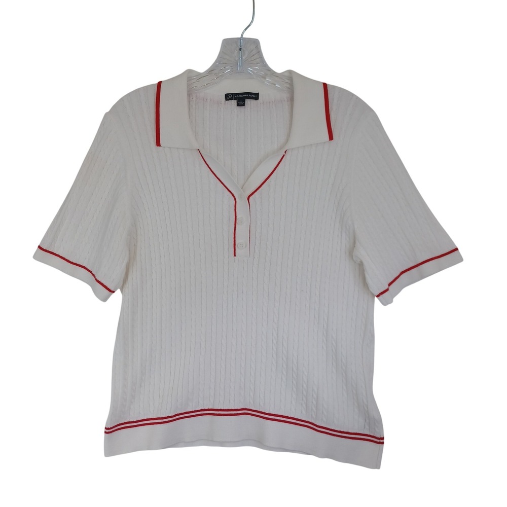 Adrianna Papell Womens White Red Cable Knit Cotton Polo Shirt Size L